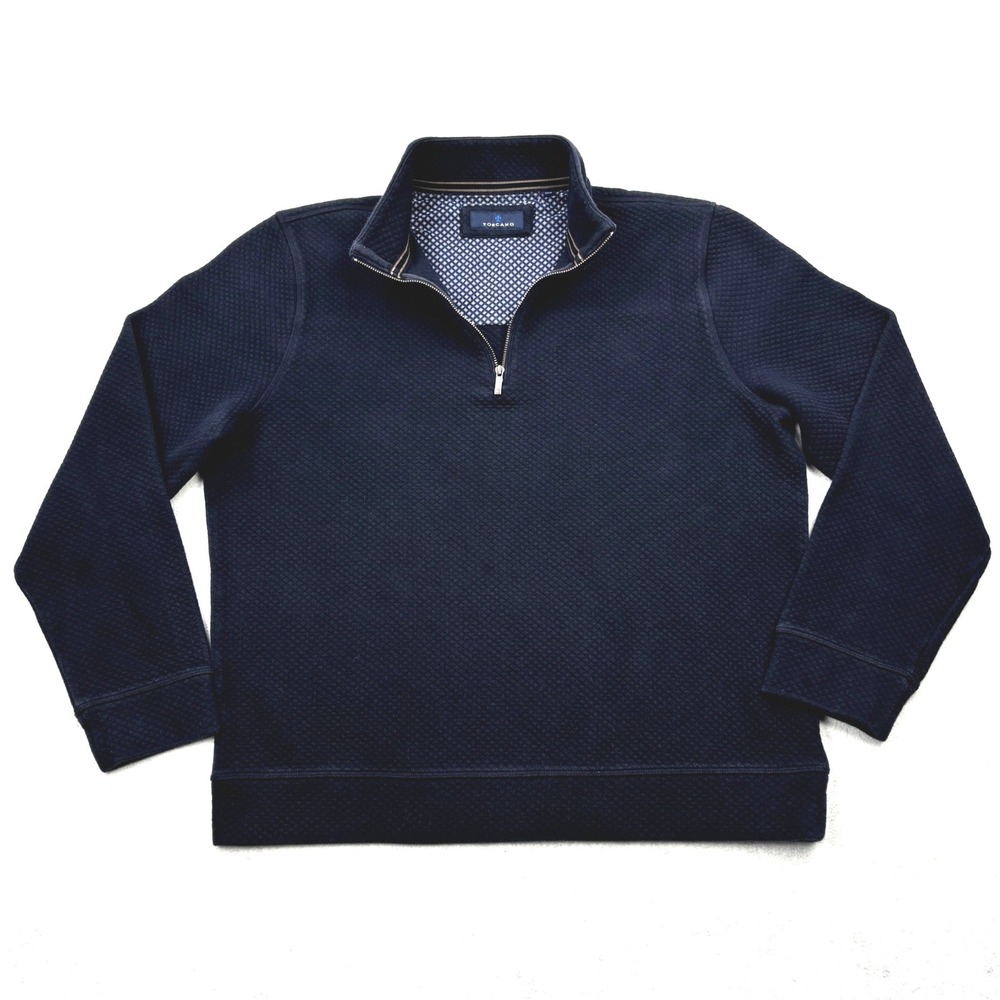 Toscano Mens Large Navy Blue Quilted Diamond Knit Quarter Zip Pullover Sweater